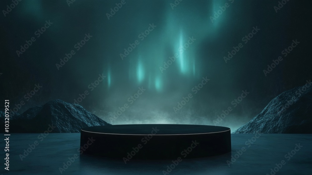 Poster The captivating display of the northern lights illuminates a tranquil landscape, creating a serene atmosphere. A circular platform rests in the foreground amidst dark mountains and mist.