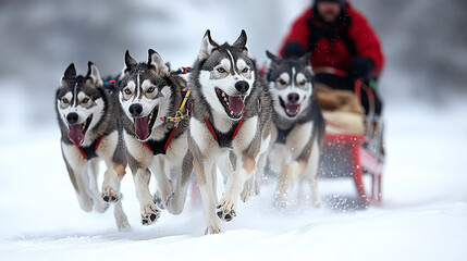Dog sled team racing through snowy wilderness, the musher guiding the sled across the winter landscape.