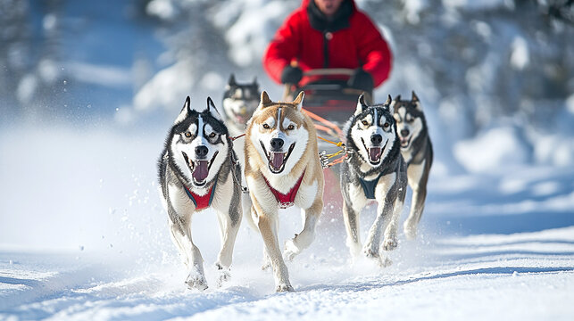 Dog sled team racing through snowy wilderness, the musher guiding the sled across the winter landscape.