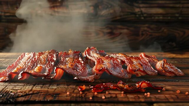 Crispy grilled bacon on wooden board with steam, rustic kitchen concept.