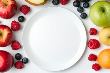 A Top-down View of Colorful Fruits, Including Apples and Berries With a White Plate, Fruit Food Photography, Fruit Food Menu Style Photo Image