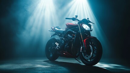 A red motorcycle with black accents sits in a studio with blue and orange lighting.