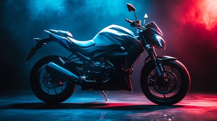 A black motorcycle with blue and red lighting,  evoking a futuristic and sleek aesthetic.