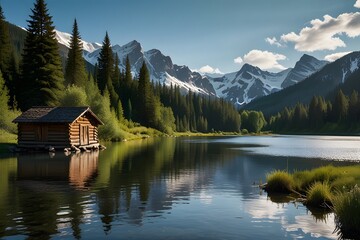 A peaceful river landscape with crystalclear water reflecting the blue sky and white fluffy cloud