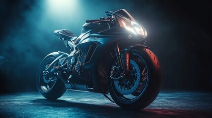 A black motorcycle is illuminated by blue and red lights, creating a dramatic and futuristic aesthetic.