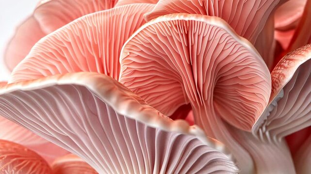 Close-up view of pink oyster mushrooms, natural pattern. Organic food and nature detail concept.