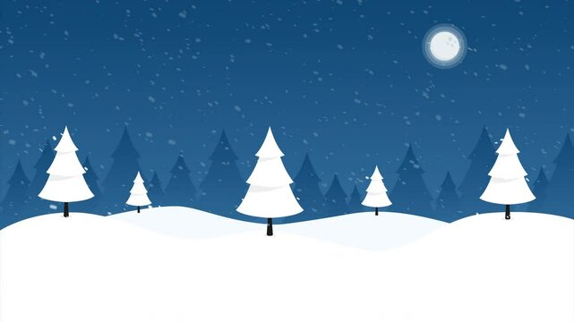 Winter landscape with firs snow. Night coniferous forest. 4K Video motion graphic