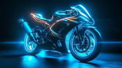 Fototapeta premium A sleek black motorcycle is illuminated by blue and red lights, creating a dramatic and futuristic aesthetic.