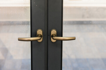 Modern Bronze Handles Adorn Sleek Glass Doors in an Urban Setting Inviting Exploration and Warmth