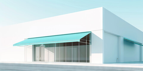 A sleek, modern bank building exterior, with its stark white walls accentuated by a bold teal awning.