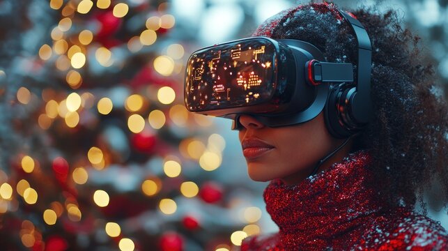 Diverse individual in snow with Christmas VR.