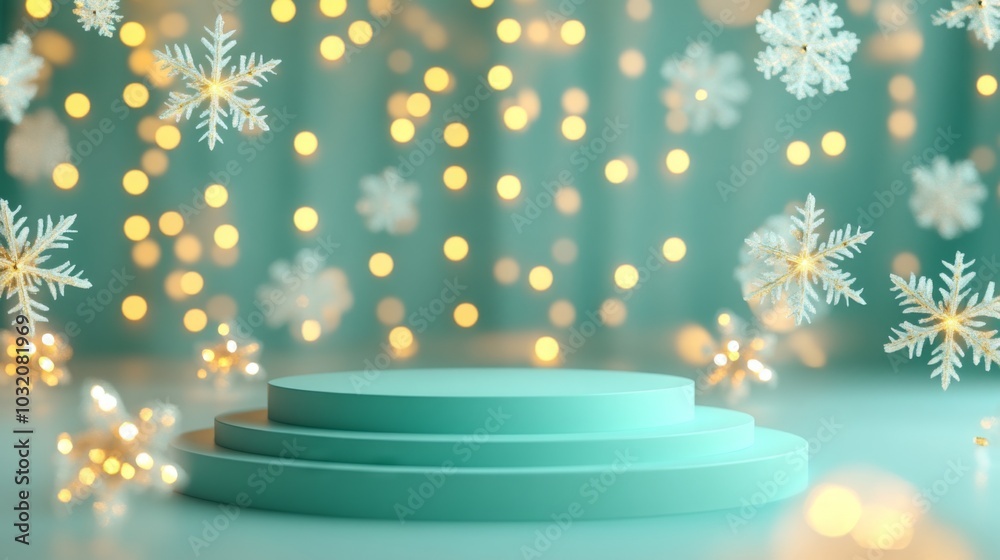 Poster the setting showcases teal circular podiums adorned with delicate snowflakes, surrounded by twinklin