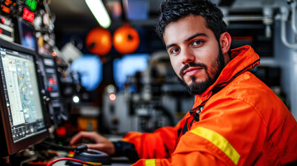 focused technician in orange safety jacket works diligently at control room, surrounded by advanced equipment and screens, ensuring smooth operations