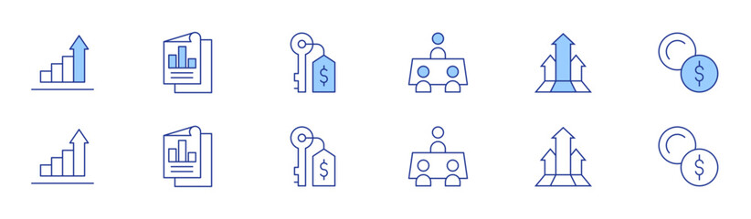 Business icon set in two styles, Duotone and Thin Line style. Editable stroke. analysis, growth, key, currency, bar graph, business meeting