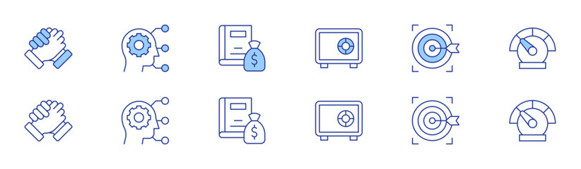 Business icon set in two styles, Duotone and Thin Line style. Editable stroke. business, speedometer, handshake, safebox, critical thinking, target