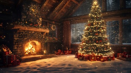 Fototapeta premium Christmas Eve in a cozy mountain cabin, glowing fireplace, soft snow falling outside, with family gathered around a beautifully decorated tree