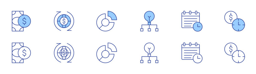 Business icon set in two styles, Duotone and Thin Line style. Editable stroke. cash, project management, pie chart, payment, economy, planning