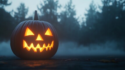 A spooky carved pumpkin glows ominously in a misty forest, capturing the essence of Halloween with its jagged grin and glowing eyes.