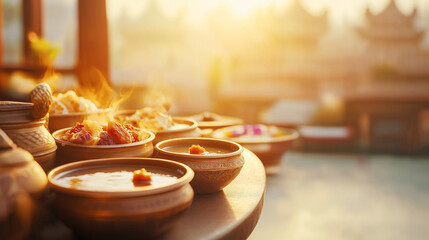 Steaming bowls of Indian food arranged on a table in a warm, sun-drenched setting.