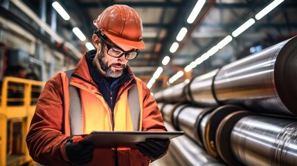 Factory Worker Using Digital Tablet for Inventory Management, Observing Steel Pipe Production