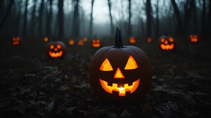 A spooky forest scene filled with glowing jack-o'-lanterns, creating an eerie Halloween atmosphere surrounded by trees and fog.