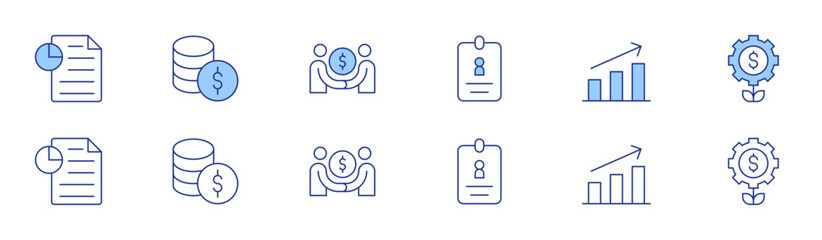 Business icon set in two styles, Duotone and Thin Line style. Editable stroke. deal, growth, money, id card, report