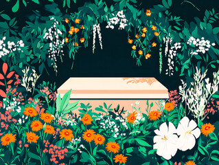 Minimalist illustration of a funeral setting, featuring a casket surrounded by flowers