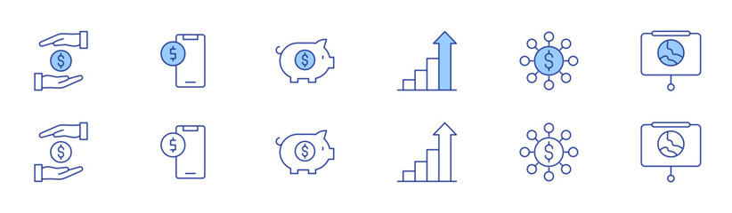 Business icon set in two styles, Duotone and Thin Line style. Editable stroke. give, increase, mobile, marketing, presentation, piggy bank