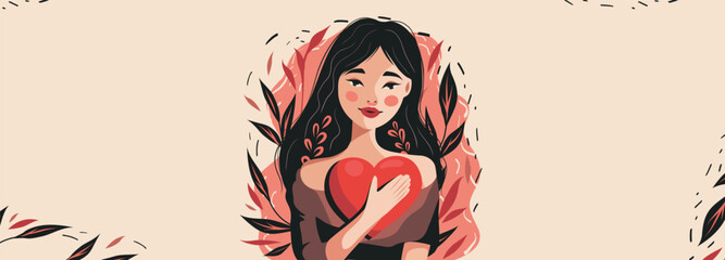 Cute beautiful girl with a heart in her hands on a background of flowers. Vector horizontal illustration postcard with place for text for the holiday Valentine's Day, Women's Day, Feminism Day in cart