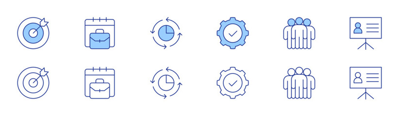 Business icon set in two styles, Duotone and Thin Line style. Editable stroke. goal, gear, briefcase, staff, presentation, pie chart