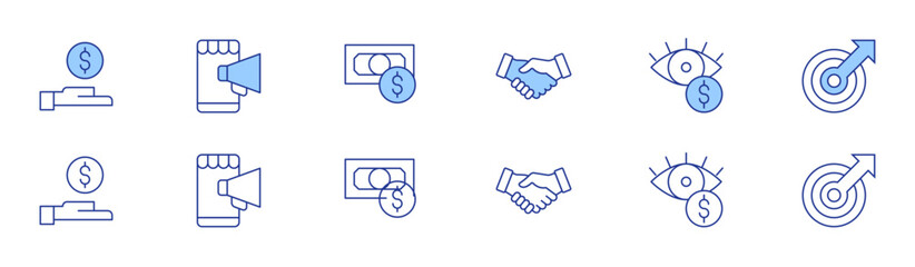 Business icon set in two styles, Duotone and Thin Line style. Editable stroke. money, comfort zone, handshake, revenue, advertisement, currency