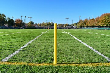 Obraz premium Green Grass Football Field with White Lines and Goalpost