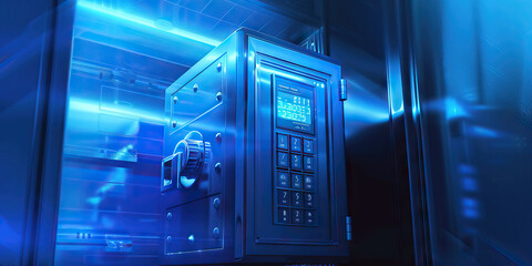 A stylish sapphire blue bank safety deposit box, protected by a digital keypad and thick layers of steel.