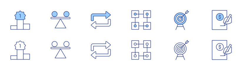 Business icon set in two styles, Duotone and Thin Line style. Editable stroke. stability, repeat, bitcoin, winner, aim, loan