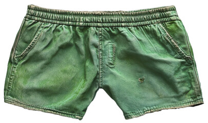 A pair of green shorts with a faded distressed look
