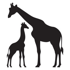Minimalist design of silhouette illustration of a mother and baby giraffe standing together
