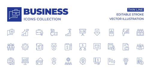 Business icons collection. Thin Line icons, editable stroke. business report, business and finance, graphic, gear, low price, leadership, international business, funnel