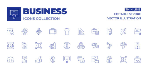 Business icons collection. Thin Line icons, editable stroke. business meeting, business and finance, business, exchange, diamond, lightbulb, lectern, key, investment