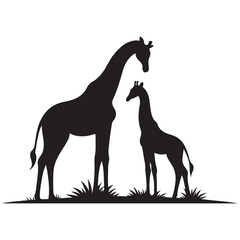 Minimalist design of silhouette illustration of a mother and baby giraffe standing together