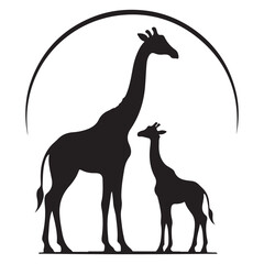 Minimalist design of silhouette illustration of a mother and baby giraffe standing together