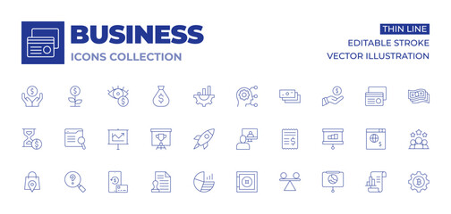 Business icons collection. Thin Line icons, editable stroke. trophy, time is money, currency, improvement, growth, money, motivation, search, rocket