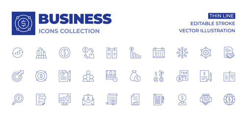 Business icons collection. Thin Line icons, editable stroke. value chain, continous improvement, cash flow, coin, infographic, networking, comfort zone, report