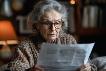 Serious old female in glasses working on laptop and documents in room interior, paying bills, taxes from home, Generative AI