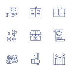 Business icons set. Thin Line style, editable stroke. briefcase, bill, bar chart, success, profit, open sign, open book, my business, money bag