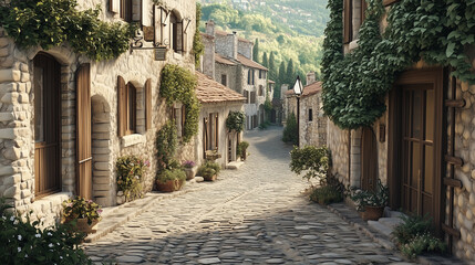 Fototapeta premium A picturesque European village with stone houses and narrow cobblestone streets.