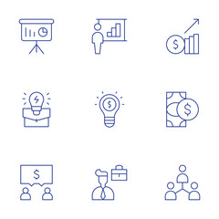 Business icons set. Thin Line style, editable stroke. cash, business presentation, business idea, business