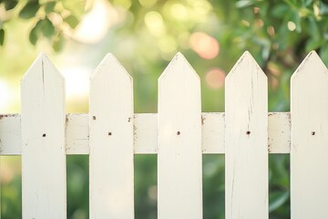 White picket fence with blurred background. This photo represents privacy, security, and a sense of home.