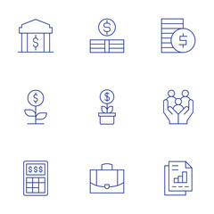 Business icons set. Thin Line style, editable stroke. money, bank, calculator, business, business report, growth, family