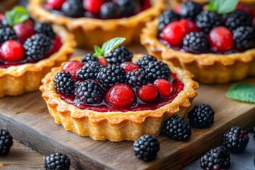 A close-up of berry tarts featuring blackberries and raspberries on a wooden surface.