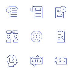 Business icons set. Thin Line style, editable stroke. report, relationship, refresh, receipt, puzzle piece, money